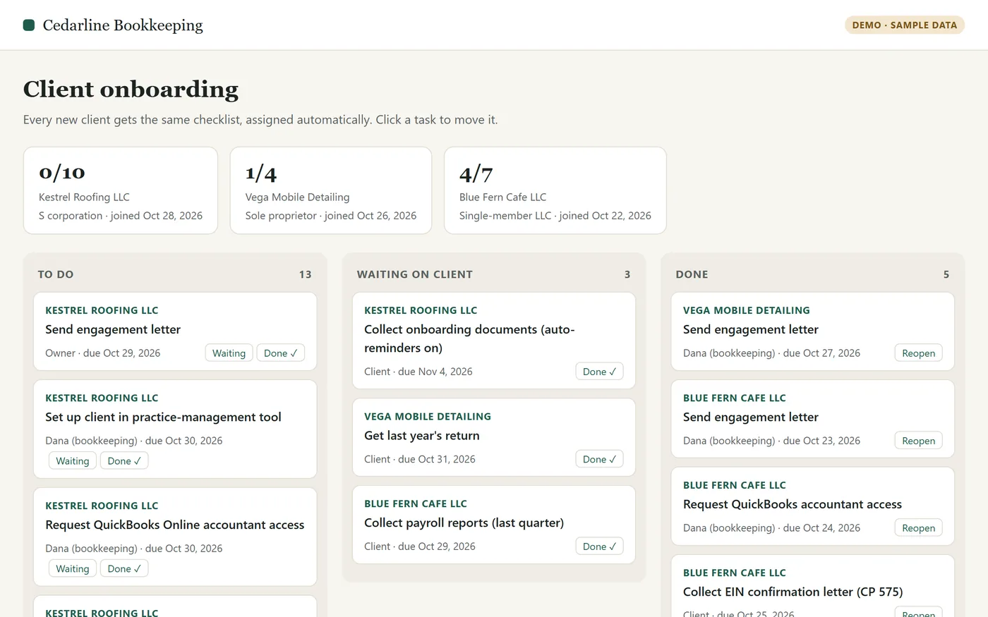Demo onboarding board: each new client's tasks in To do, Waiting on client and Done columns.