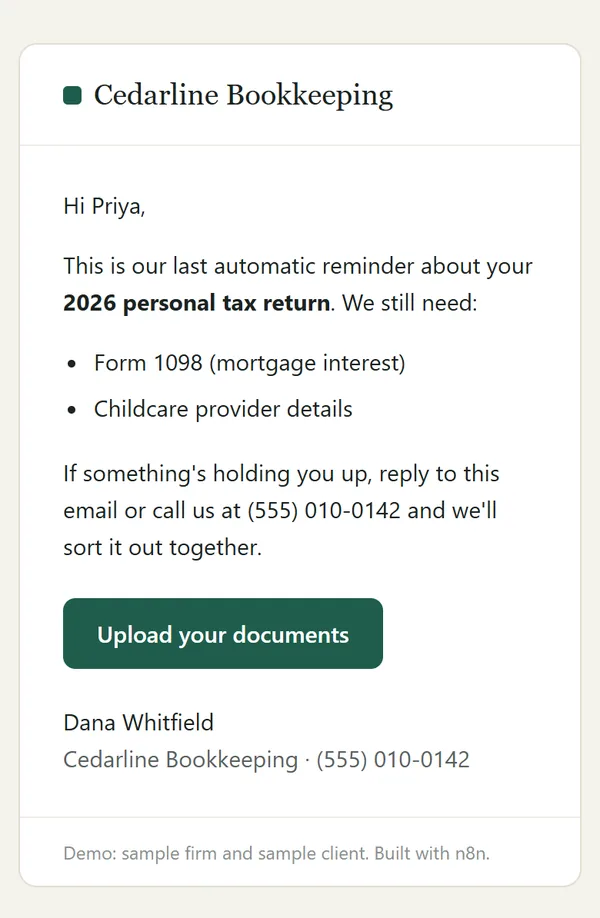Final reminder email on a phone: our last automatic reminder, we still need Form 1098 and childcare provider details; reply or call us if something is holding you up.