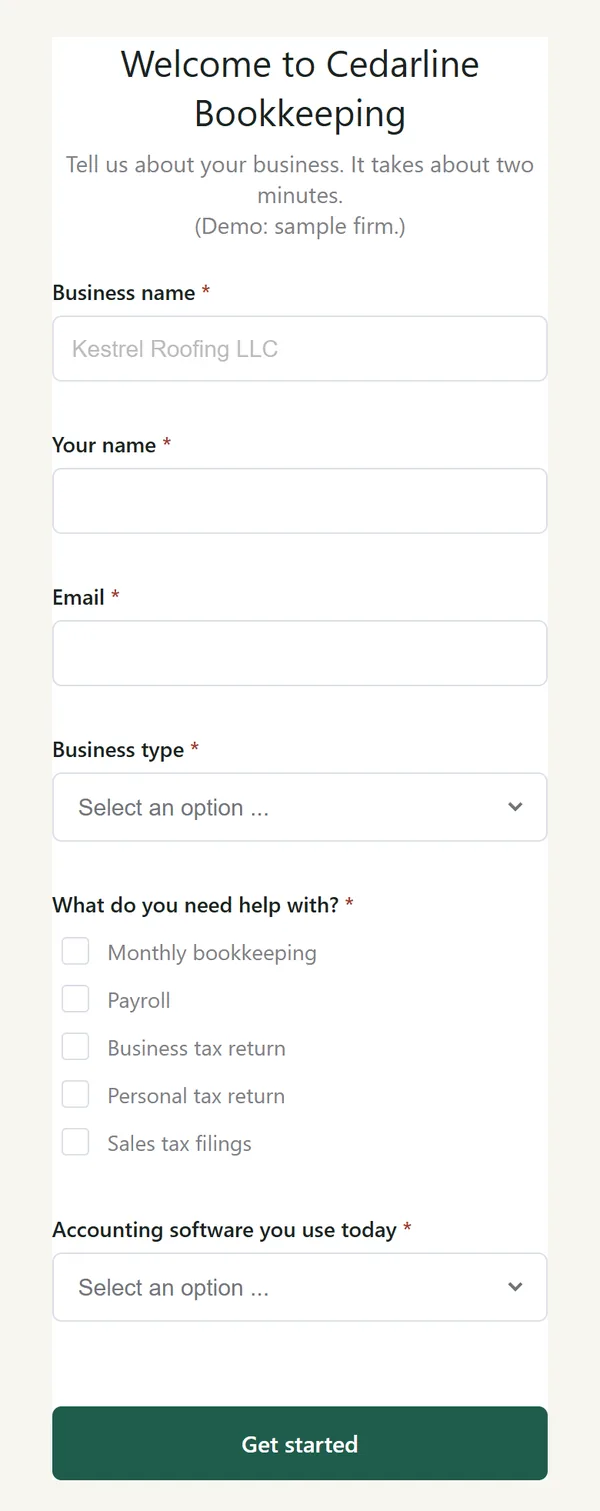 Intake form on a phone asking for business name, contact details, business type, services needed and accounting software.