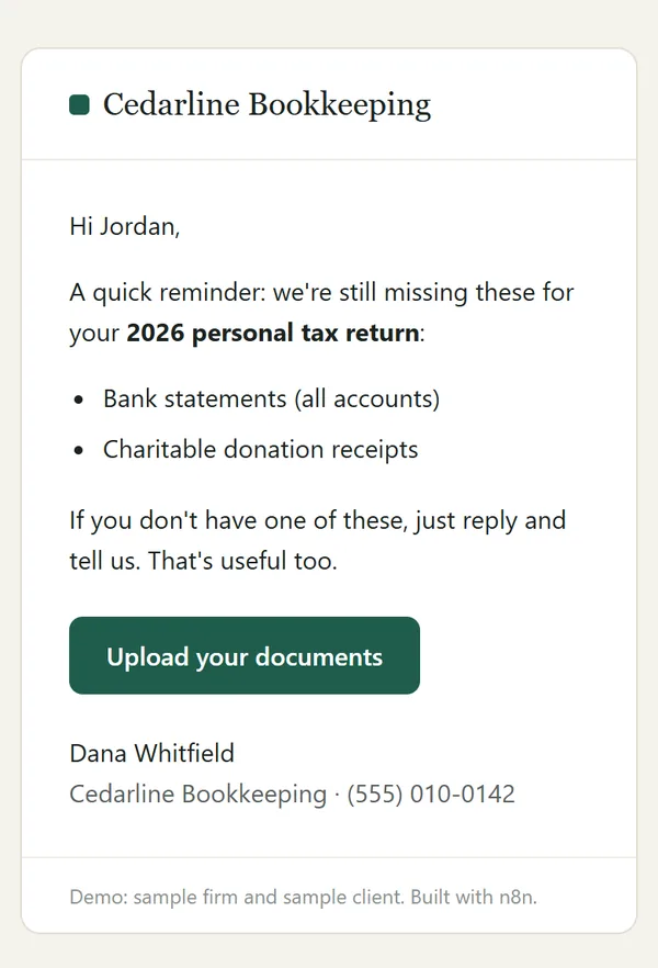 Reminder email on a phone: Hi Jordan, a quick reminder, we're still missing these for your 2026 personal tax return: bank statements and charitable donation receipts. Upload your documents button.