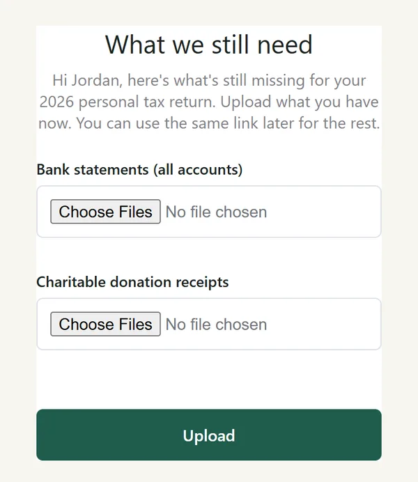 Upload page on a phone titled What we still need, with upload boxes for only the two missing documents.