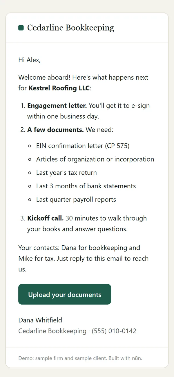 Welcome email on a phone listing next steps: engagement letter, the documents needed, and a kickoff call.
